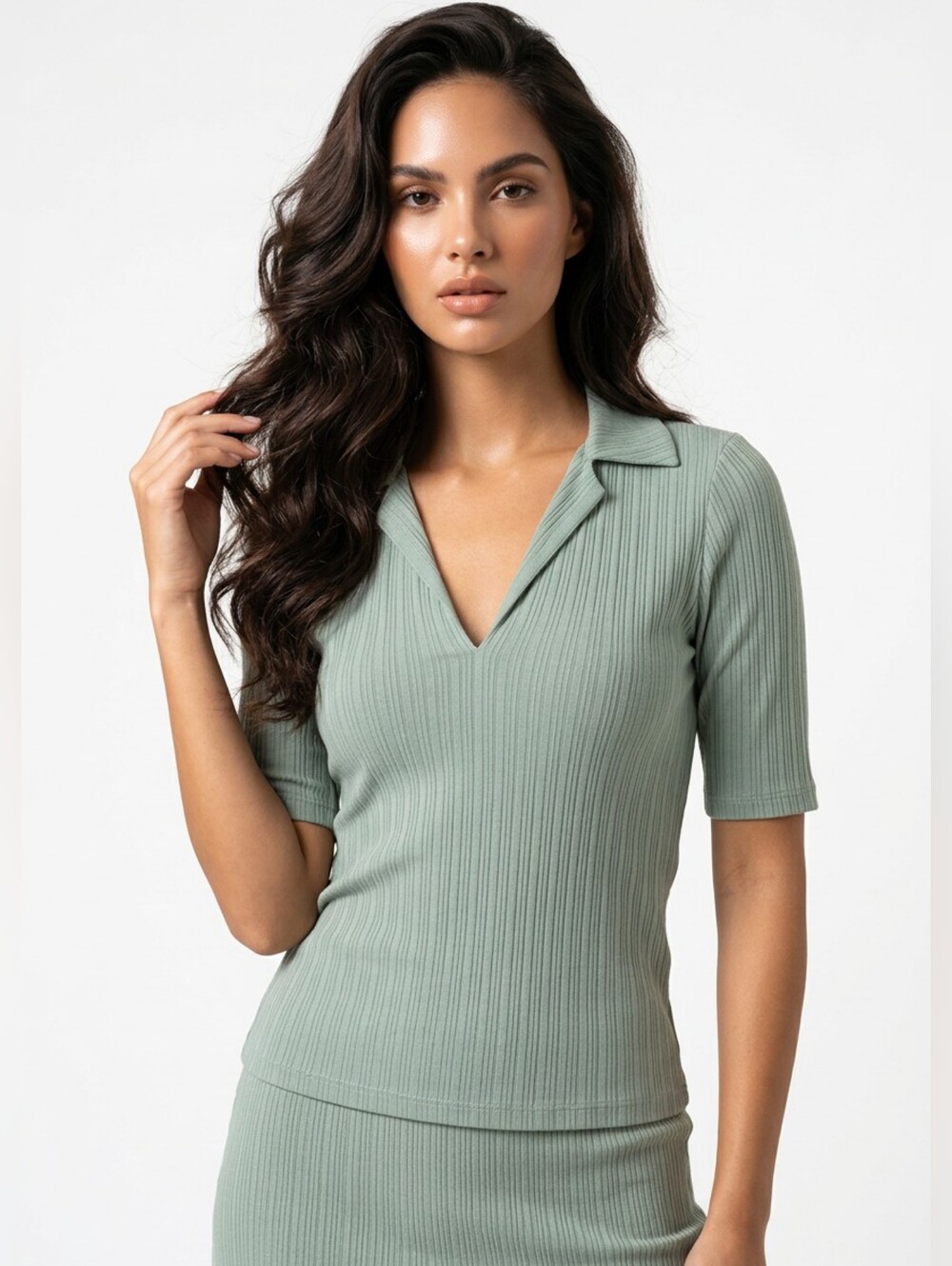 Reformation Thomas V-Neck Ribbed Collared V-Neck Top - Sage Green